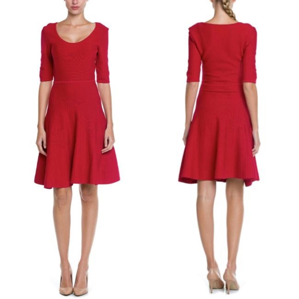 BCBGMAXAZRIA Red Allie Three-quarter Sleeve Stretchy Ribbed Sweater Knit Dress
